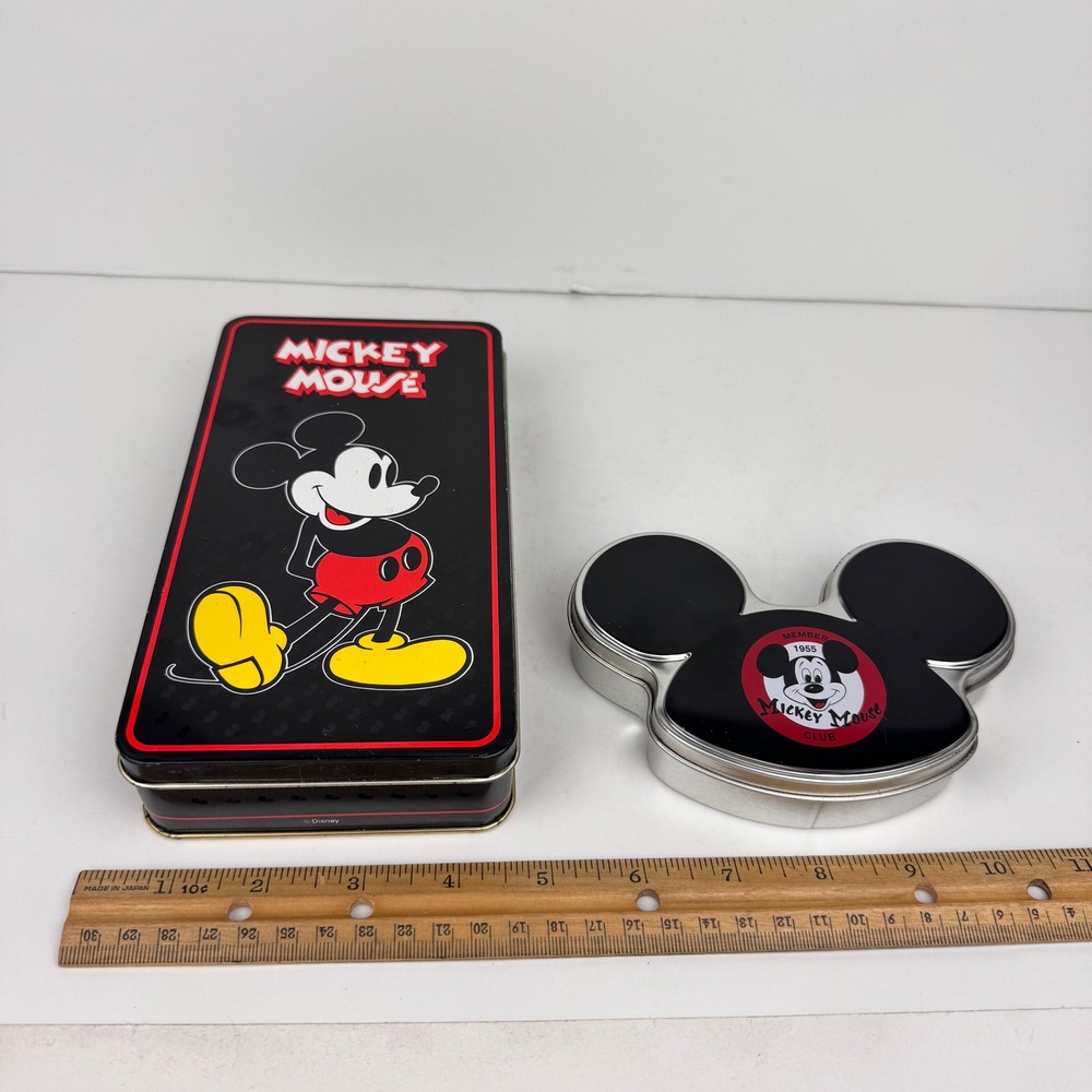 2 Vtg Small Metal Tins Disney‎ Mickey Mouse Shaped Rectangle Collect EMPTY READ